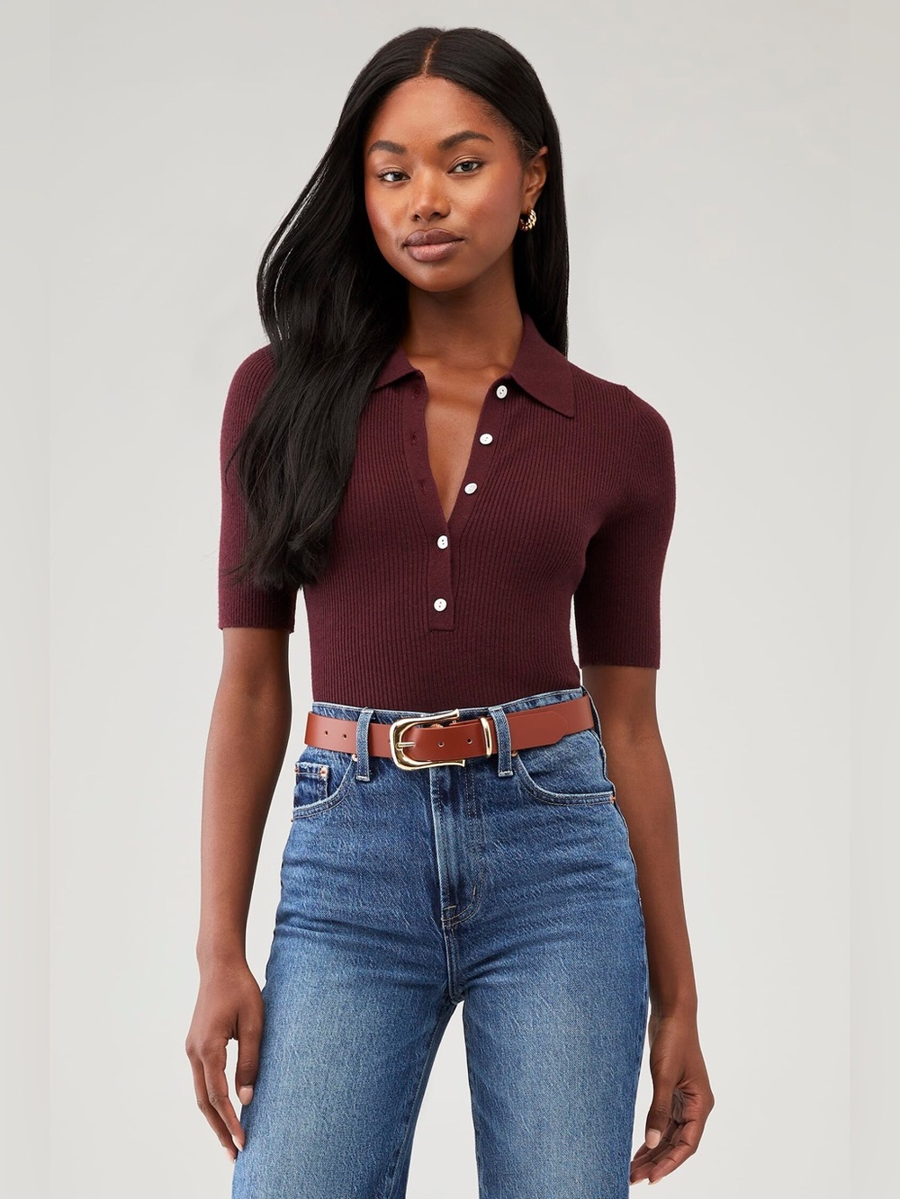 🆕 525 America Ginny Short Sleeve Ribbed Knit Polo Top Oxblood Dark Academia Chic
